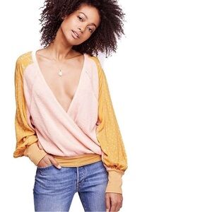 Free People Auxton Waffle Wrap Balloon Sleeve Thermal Knit Top Women's S
